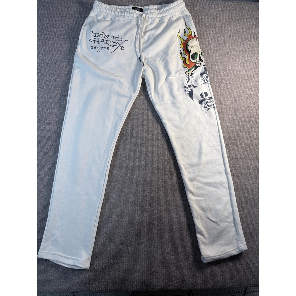 Ed Hardy Skull Flame Sweatpants Y2K Tattoo Graphic Joggers White Size M‎